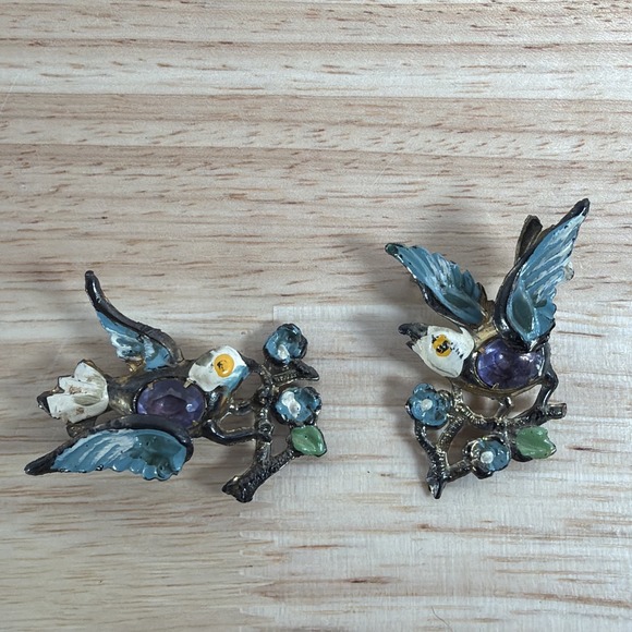 The Unbranded Brand Jewelry - Vintage Hand Painted Plastic Celluloid Love Birds Jewel Belly Figural Pin Brooch